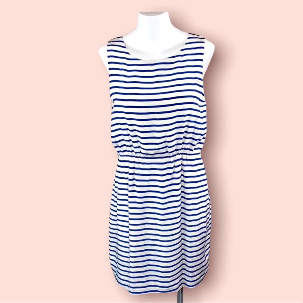 J. Crew White and Navy Striped Sleeveless Midi Dress